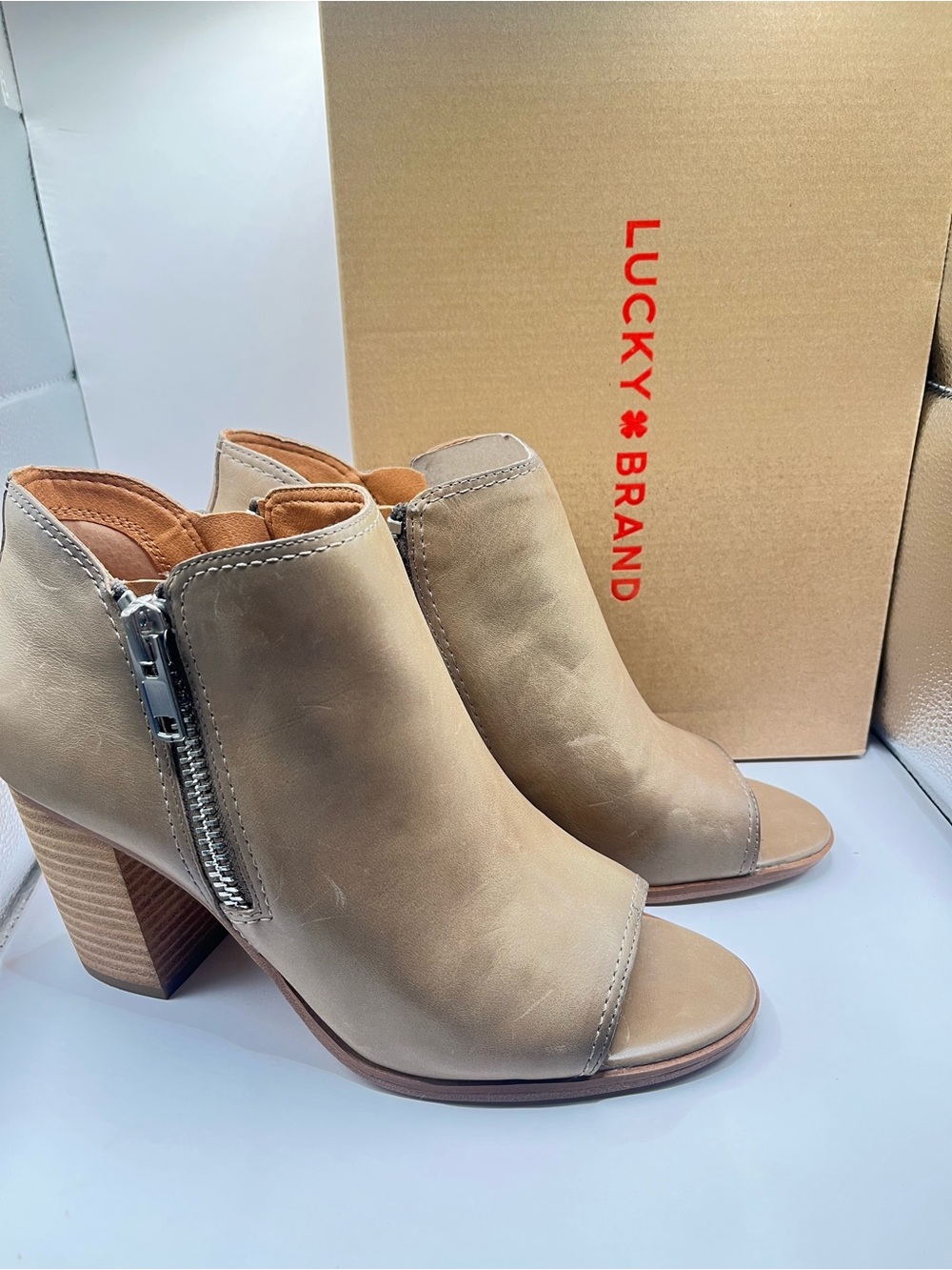 Lucky Brand LK-Josellen New Women's 12M Tan Open-Toe Block Heel Ankle Booties
